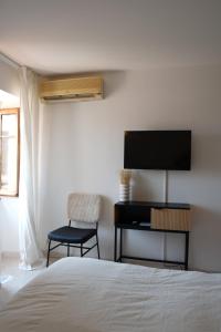 a bedroom with a bed and a tv and a chair at HÖTEL U SANTA MARIA in Olmeto
