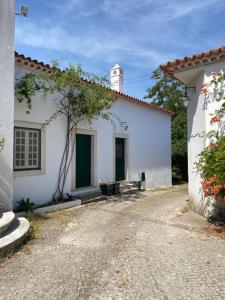 a white building with green doors on a street at Santuário SOS Animal in Casais da Carneiria