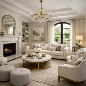 a living room with white furniture and a chandelier at Maison Fassinou in Porto-Novo