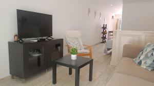 a living room with a flat screen tv and a table at Tomarhousing - Secret Garden in Tomar