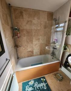 a bathroom with a shower with a bath tub at BEE HAPPY available with shared bathroom in Glastonbury
