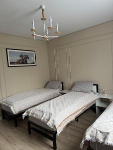 a room with two beds and a chandelier at The Bay Apartments in Cholpon-Ata