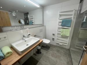 a bathroom with a sink and a toilet and a shower at Gästehaus Klingler in Besigheim +38 photos