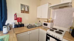 a small kitchen with a stove and a microwave at The Nook - Farm Park Stay with Hot Tub & Dome in Swansea +24 photos
