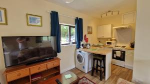a kitchen with a tv and a table with a dishwasher at The Nook - Farm Park Stay with Hot Tub & Dome in Swansea