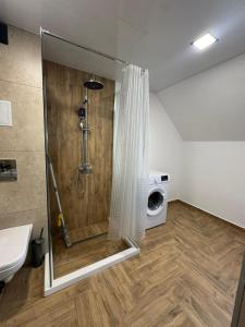 a shower in a bathroom with a washing machine at Апартаменти Лилия 2 in Primorsko +137 photos