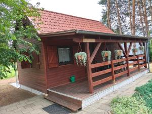 a small cabin with potted plants on the deck at Domki Piaskowa in Boszkowo-Letnisko