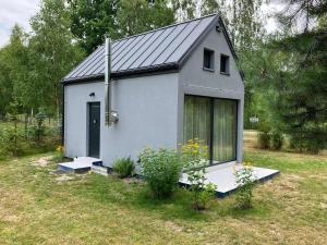 ein kleines Haus auf einem Feld mit einem Hof in der Unterkunft Wrzosowisko - Leśny Azyl dla Dwojga in Smolarnia