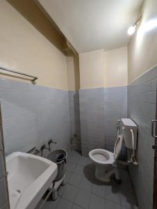 a bathroom with a toilet and a tub and a sink at Vinayaka Lodge in Bangalore