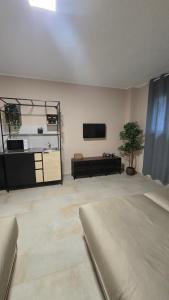 a large room with a bed and a tv at B&B House Novara in Novara