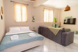 a living room with a couch and a television at Nesto Living in Chóra