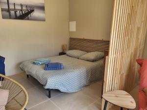 a bedroom with a bed with a blue bag on it at Studio Cosy in Saint-Lon-les-Mines