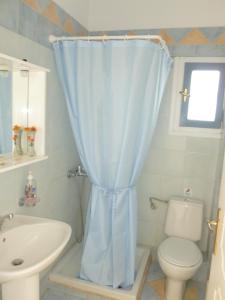 a bathroom with a blue shower curtain and a toilet at Manos Apartments in Megas Gialos - Nites