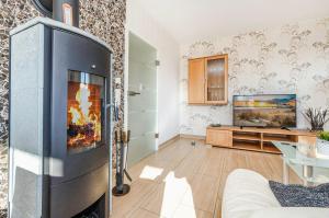 a living room with a fireplace and a tv at Ferienhaus Ulme in Kachlin