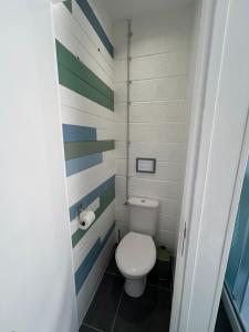 a bathroom with a toilet with stripes on the wall at The yurt at Gites 474 in Sallèles-dʼAude