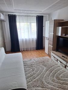 a living room with a flat screen tv and a couch at Vibe Apartament 17 in Galaţi
