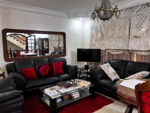 a living room with a black leather couch and a mirror at Dar Cirta in Sicca Veneria +7 photos