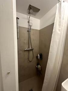 a shower with a shower curtain in a bathroom at Hearthstone Atelier in Antwerp