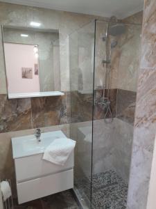 a bathroom with a sink and a shower at Garsoniera Serena in Saturn