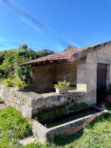 a stone house with some plants in a yard at charmante maison dans le Morvan in Lormes