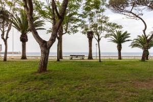 a park with trees and a bench and the ocean at Comillas 30 Primera Línea de Playa in Comillas