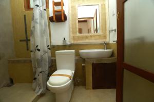 a bathroom with a toilet and a sink and a mirror at Amber Reach Cottages in Ella