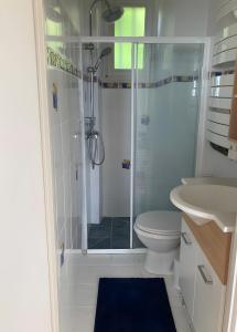 a bathroom with a shower and a toilet and a sink at Maison Ty Bastian, 100 M² in Saint-Michel-en-Grève