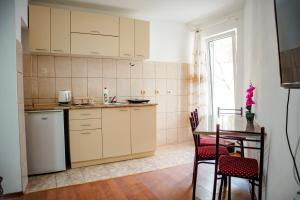 a kitchen with white cabinets and a table and chairs at Apartmani Grbović in Čanj