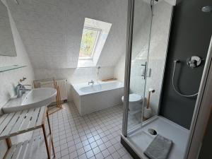 a bathroom with a shower and a tub and a sink at Spreewälder Feriendomizil/Pension in Burg +37 photos
