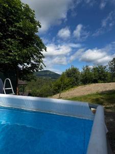 a blue swimming pool with a view of a mountain at TiERRA in Slavske