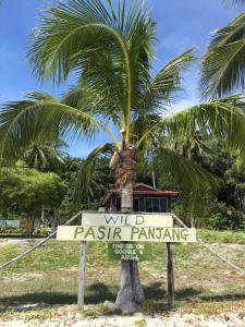 a sign in front of a palm tree at Wild Pasir Panjang in Kuah