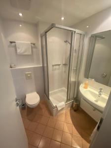 ein Badezimmer mit Dusche, Toilette und Waschbecken in der Unterkunft Hotel-Windeck in Burbach