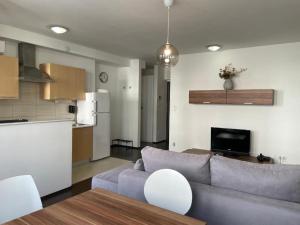 a living room with a couch and a kitchen at Corvin Center Suites in Budapest +101 photos