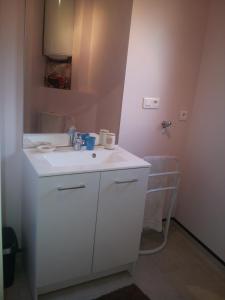 a bathroom with a white sink and a mirror at Au Puy Saint Jacques in Le Puy en Velay