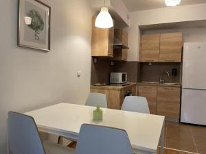 a kitchen with a table and chairs and a refrigerator at Corvin Center Suites in Budapest