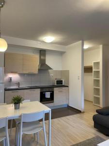 a kitchen with a table and chairs in a room at Corvin Center Suites in Budapest