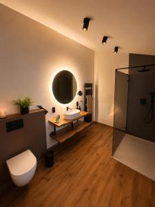 a bathroom with a sink and a toilet and a mirror at Blockhaus am Edersee in Vöhl