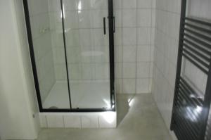 a shower with a glass door in a bathroom at Gramelowersee in Teschendorf