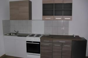 a kitchen with a stove and a sink at Gramelowersee in Teschendorf