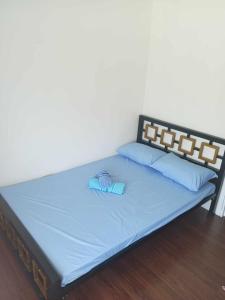a bed in a room with blue sheets and pillows at 3G's & C Transient House Calapan in Camilmil