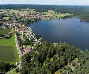 an aerial view of a town and a lake at Jagdhaus am Neubäuer See in Roding +1 photo