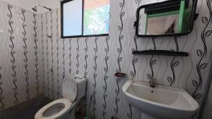a bathroom with a toilet and a sink and a mirror at Kataragama Brain Hotel in Kataragama