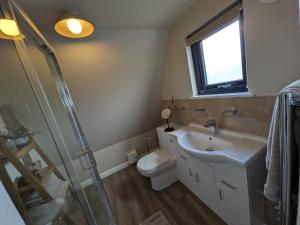 a bathroom with a sink and a toilet and a window at The Chalet, Kildonan in Edinbain