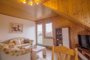 a living room with a couch and a tv at Ferienwohnung Schwalbennest in Lennestadt