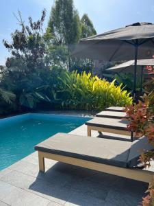 a row of lounge chairs with an umbrella next to a pool at Marini Ndoto in Themi +15 photos