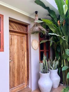 two white vases sitting next to a door with plants at Marini Ndoto in Themi