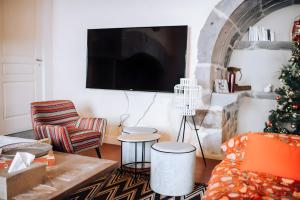 a living room with a christmas tree and a tv at Le nid du Randonneur in Marmanhac