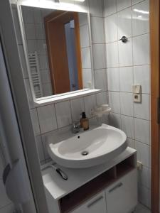 a bathroom with a white sink and a mirror at Ferienwohnung DuO in Stubenberg