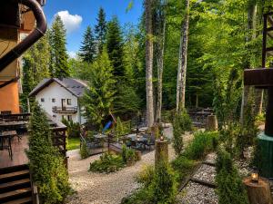 a garden with a house in the woods at Ioana Boutique Hotel in Sinaia
