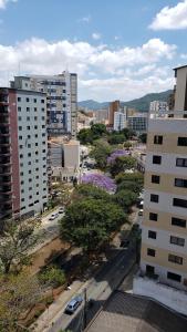 an aerial view of a city with buildings and trees at Lindo Studio no Centro de Poços de Caldas in Poços de Caldas